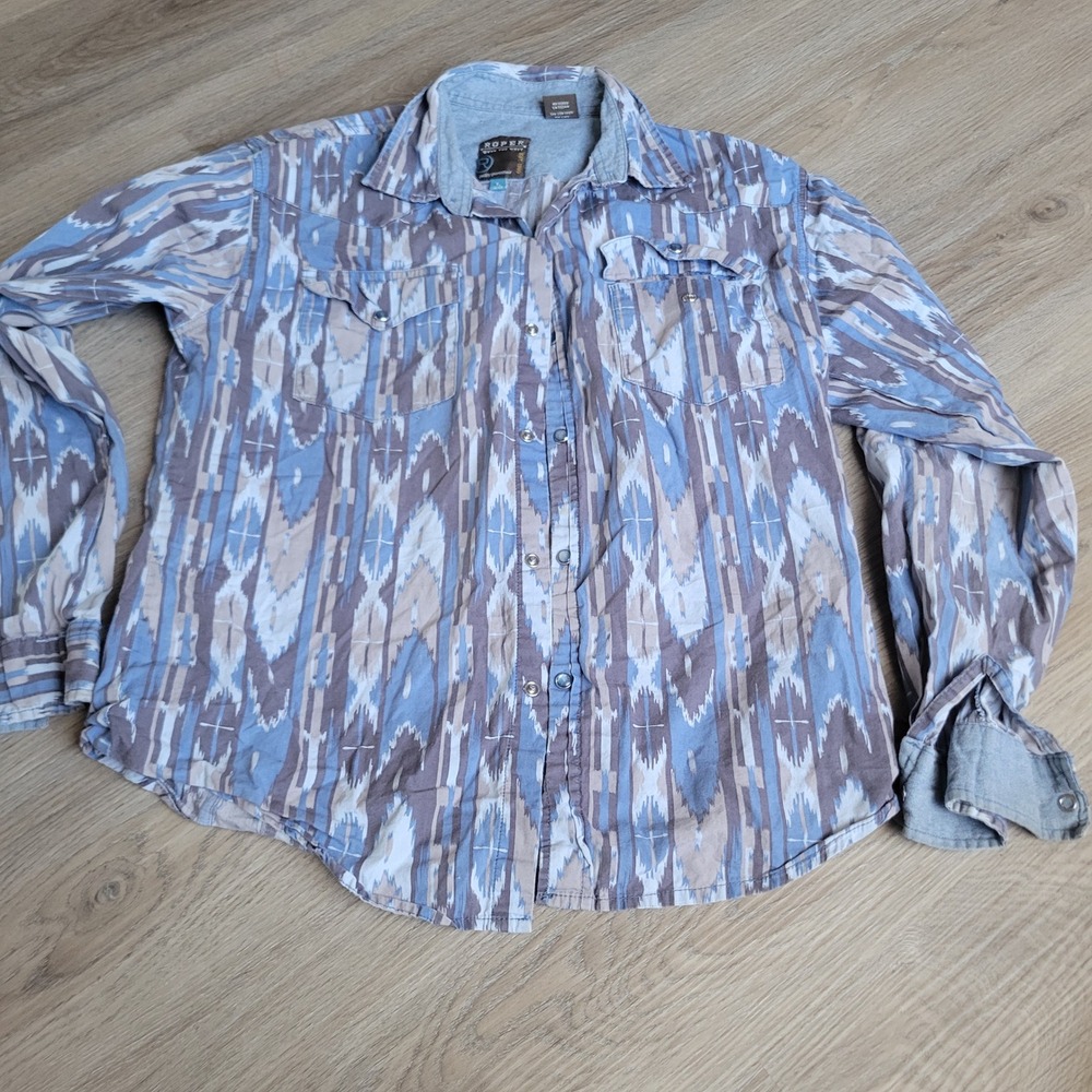 Roper Womens Western Snap Shirt Size L Blue Ikat Cotton Boho Cowgirl Top